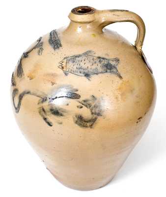SH ADDINGTON / UTICA Stoneware Jug with Incised Fish and Floral Decorations