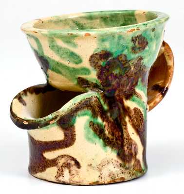 Exceptional Shenandoah Valley Multi-Glazed Redware Shaving Mug, J. Eberly, Strasburg, VA