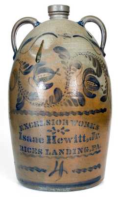 EXCELSIOR WORKS / Isaac Hewitt, Jr. / RICES LANDING, PA Four-Gallon Double-Handled Stoneware Jug