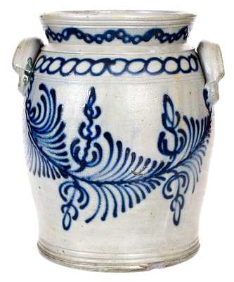 B.C. MILBURN / ALEXA (Alexandria, VA, circa 1850) Three-Gallon Stoneware Jar with Exuberant Slip-Trailed Cobalt Floral and Chainlink Decoration