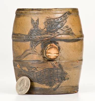 Albany, NY Stoneware Rundlet w/ Incised Owl & Fish Designs, possibly Paul Cushman Pottery, circa 1810-1815