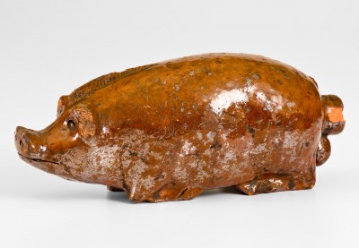 W.H. Rager (William Henry Rager, Palatine, WV or possibly Greensboro, PA) Redware Pig Flask