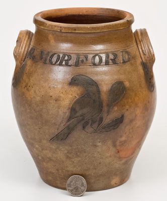 R. MORFORD Presentation Stoneware Jar w/ Incised Bird attrib. Nicholas Van Wickle, Old Bridge or Manasquan, NJ