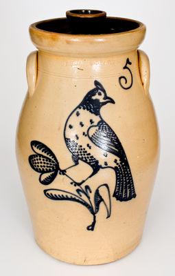 Outstanding T. HARRINGTON (Lyons, New York) Stoneware Churn w/ Elaborate Slip-Trailed Bird Decoration