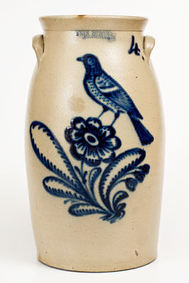 JOHN BURGER / ROCHESTER Stoneware Churn w/ Cobalt Songbird on Flower Decoration