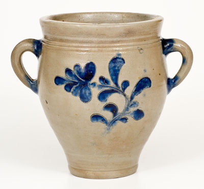 Small-Sized Vertical-Handled Manhattan Stoneware Jar w/ Incised Floral Decoration, probably Crolius, c1790
