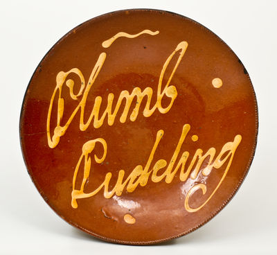 Slip-Decorated Redware Plumb Pudding Plate, Smith Pottery, Norwalk, CT