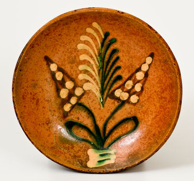 Redware Plate with Three-Color-Slip Floral Decoration, attrib. Diehl Pottery, Rockhill Township, Bucks County, PA