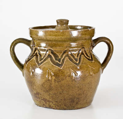 Alkaline-Glazed Stoneware Lidded Sugar Bowl w/ Two-Color Slip Decoration, Phoenix Factory, Shaws Creek, Edgefield District, SC