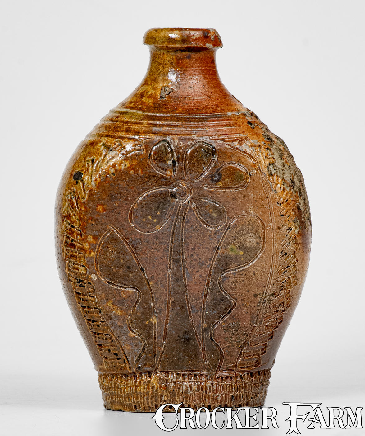 Exceedingly Rare and Important 18th Century Crolius Family (Manhattan) Stoneware Flask w/ Profuse Decoration