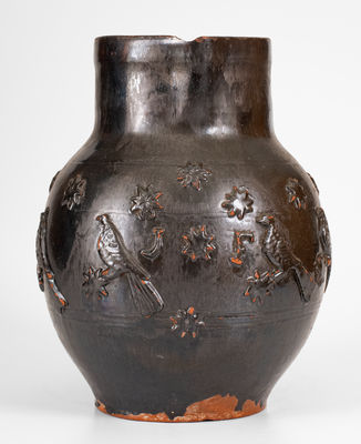 Exceptional Redware Pitcher w/ Relief Bird, Stars, and "J. F." Initials, probably Philadelphia