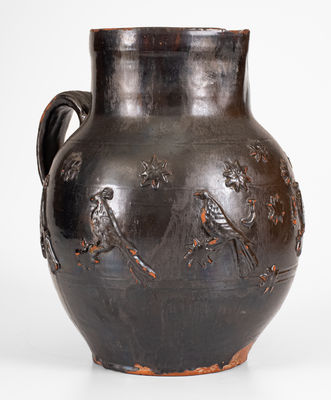 Exceptional Redware Pitcher w/ Relief Bird, Stars, and "J. F." Initials, probably Philadelphia