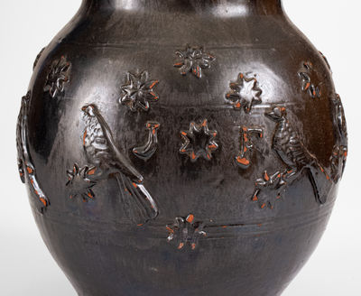 Exceptional Redware Pitcher w/ Relief Bird, Stars, and "J. F." Initials, probably Philadelphia