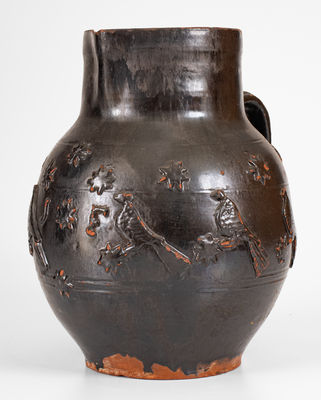 Exceptional Redware Pitcher w/ Relief Bird, Stars, and "J. F." Initials, probably Philadelphia