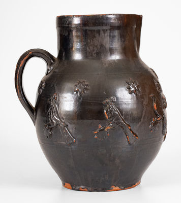 Exceptional Redware Pitcher w/ Relief Bird, Stars, and "J. F." Initials, probably Philadelphia