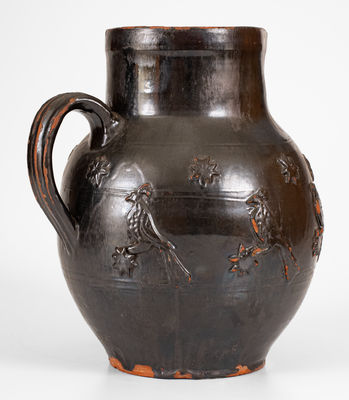 Exceptional Redware Pitcher w/ Relief Bird, Stars, and "J. F." Initials, probably Philadelphia
