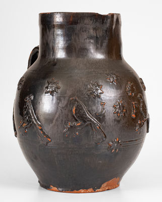 Exceptional Redware Pitcher w/ Relief Bird, Stars, and "J. F." Initials, probably Philadelphia