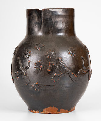 Exceptional Redware Pitcher w/ Relief Bird, Stars, and "J. F." Initials, probably Philadelphia