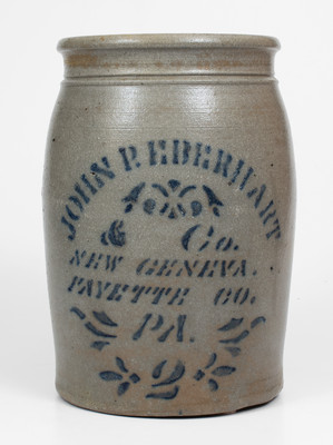 Scarce JOHN P. EBERHART / NEW GENEVA / FAYETTE CO., PA Two-Gallon Stoneware Jar
