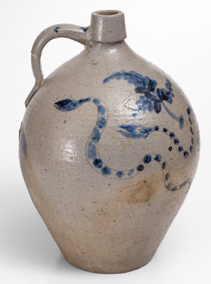 Extremely Rare and Important AFRICA Stoneware Jug w/ Incised Snakes, Man s Bust, and Bird Decoration, Ohio origin