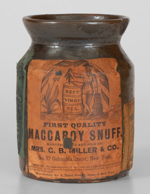 Rare Stoneware Tobacco Jar w/ Mrs. C. B. Miller & Co. / New York City Paper Label