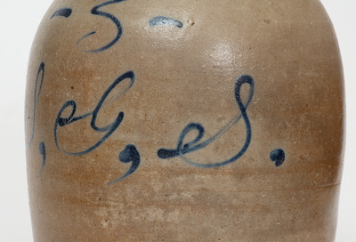 Rare Midwestern Stoneware Jug w/ Slip-Trailed Hand Decoration and Script Initials 
