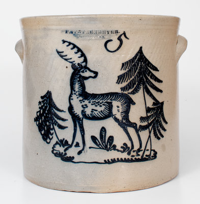 Extremely Rare and Important 5 Gal. F. STETZENMEYER & CO. / ROCHESTER, NY Stoneware Crock with Elaborate Deer and Tree Decoration