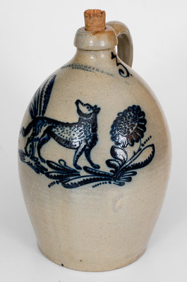 Extremely Rare and Important 3 Gal. F. STETZENMEYER & CO. / ROCHESTER, NY Stoneware Jug with Elaborate Fox and Sunflower Decoration