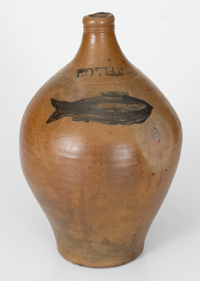 Very Fine BOSTON Stoneware Jug w/ Impressed Fish Design, Jonathan Fenton, late 18th century