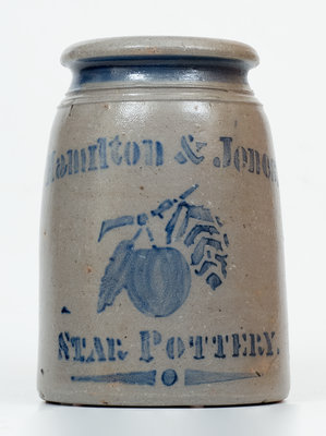 Very Fine Hamilton & Jones / Star Pottery Stoneware Canning Jar with Stenciled Apple Decoration