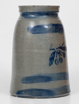 Very Fine Striped Western PA Stoneware Canning Jar with Stenciled Cherries Decoration att. S. H. Ward, West Brownsville, PA 