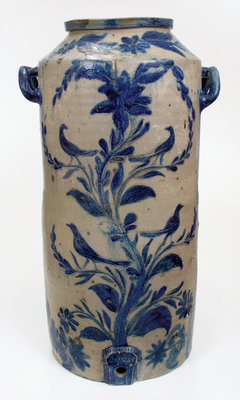 Monumental 15 Gal. Stoneware Water Cooler with Elaborate Incised Bird and Floral Decoration, Henry Harrison Remmey, Philadelphia, PA, 1828