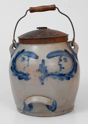 Extremely Rare COWDEN & WILCOX / HARRISBURG, PA Stoneware Batter Pail with Four Man-in-the-Moon Decorations