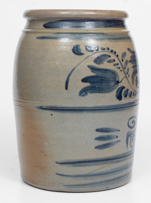 Fine Western PA Stoneware Jar w/ Elaborate Brushed Floral and Stripe Decoration