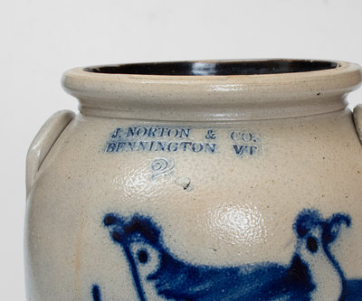 2 Gal. J. NORTON & CO. / BENNINGTON, VT Stoneware Jar w/ Double Bird Decoration