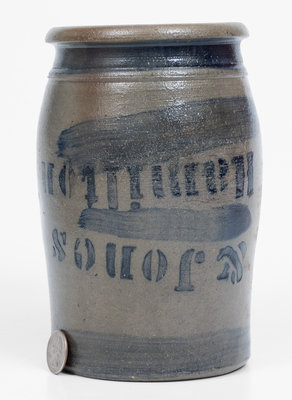 Very Rare Small-Sized HAMILTON & JONES, Greensboro, PA, Stoneware Jar w/ Upside Down Stencil