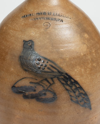 Rare COWDEN & WILCOX / HARRISBURG, PA Stoneware Jug w/ Unusual Bird Decoration