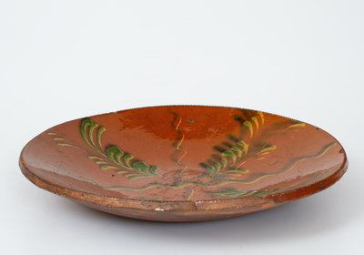 Rare Norwalk Redware Charger w/ Copper Slip Decoration, probably Absalom Day, CT