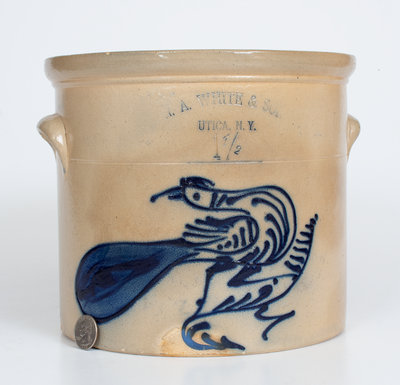 Rare N. A. WHITE & SON / UTICA, NY Stoneware Crock w/ Elaborate Paddletail Bird Decoration