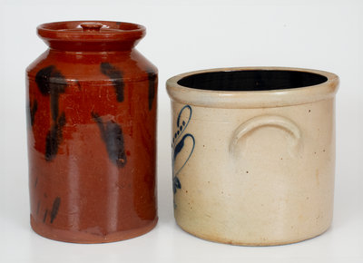 Lot of Two: Norwalk, CT Lidded Redware Jar and Decorated Stoneware Crock