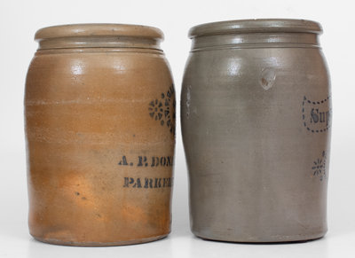 Lot of Two: A. P. DONAGHHO / PARKERSBURG, WV 2 Gal. Stoneware Jars incl. SUPERIOR Example