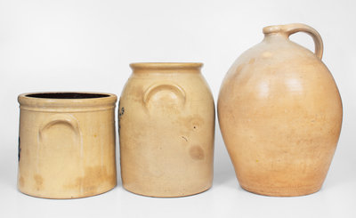 Lot of Three: Stoneware Crocks and Jug from OLEAN, NY, BURLINGTON, VT, and CHELSEA, MA