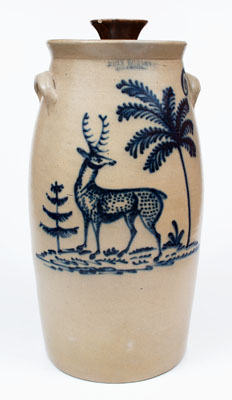 Extremely Rare JOHN BURGER / ROCHESTER Stoneware Churn w/ Elaborate Deer and Tree Decoration