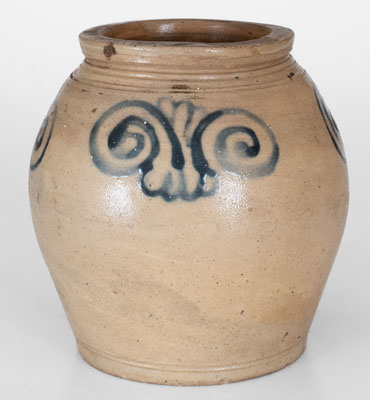 Very Rare Small-Sized Ovoid Stoneware Jar w/ Watchspring Decoration, Manhattan, 18th century