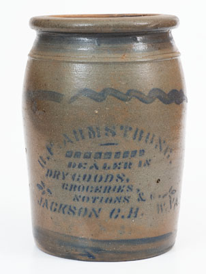 H.F. ARMSTRONG / DEALER IN DRY GOODS, GROCERIES, NOTIONS & C., Jackson Courthouse, WV Stoneware Jar