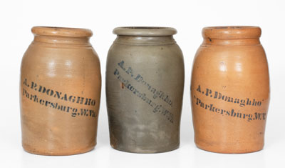 Lot of Three: A. P. Donaghho / Parkersburg, W. VA One-Gallon Stoneware Jars