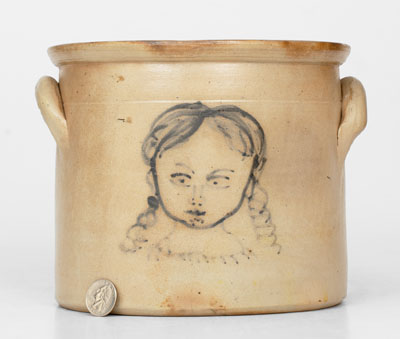 Stoneware Crock w/ Detailed Decoration of a Little Girl, attrib. William Macquoid, Manhattan, NY, c1870