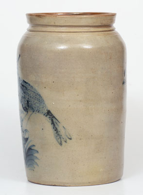 Rare and Fine Stoneware Jar w/ Elaborate Slip-Trailed Bird Decoration, probably New Jersey, c1855