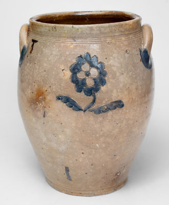 Very Rare Albany, NY Stoneware Jar w/ Incised Face and Floral Decorations, early 19th century