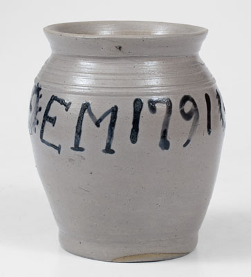 Extremely Rare and Fine Abraham Mead, Greenwich, CT Stoneware Jar Inscribed E. M. / 1791